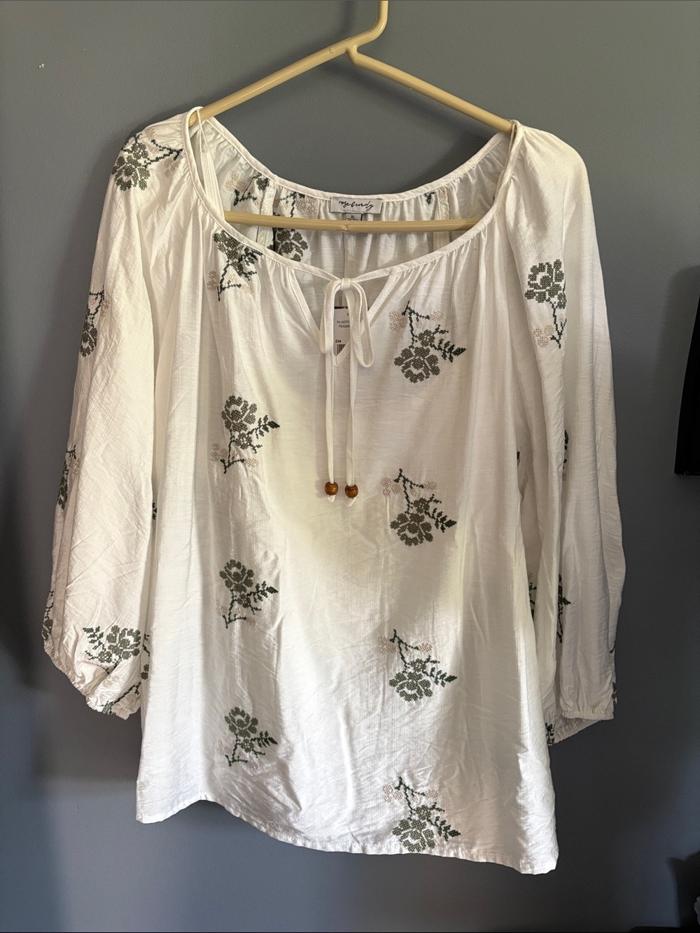 White Floral Tie-Neck Peasant Blouse - Unknown Brand